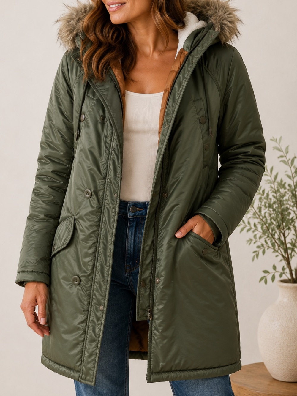 Like New American Eagle Outfitters Olive Puffer Coat with Faux Fur Hood